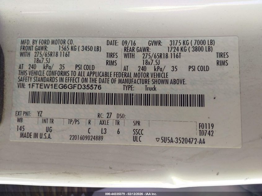 2016 Ford F-150 Xlt VIN: 1FTEW1EG6GFD35576 Lot: 44335379
