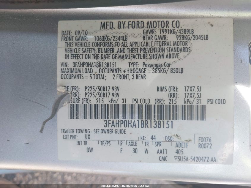 2011 Ford Fusion Se VIN: 3FAHP0HA1BR138151 Lot: 44335497