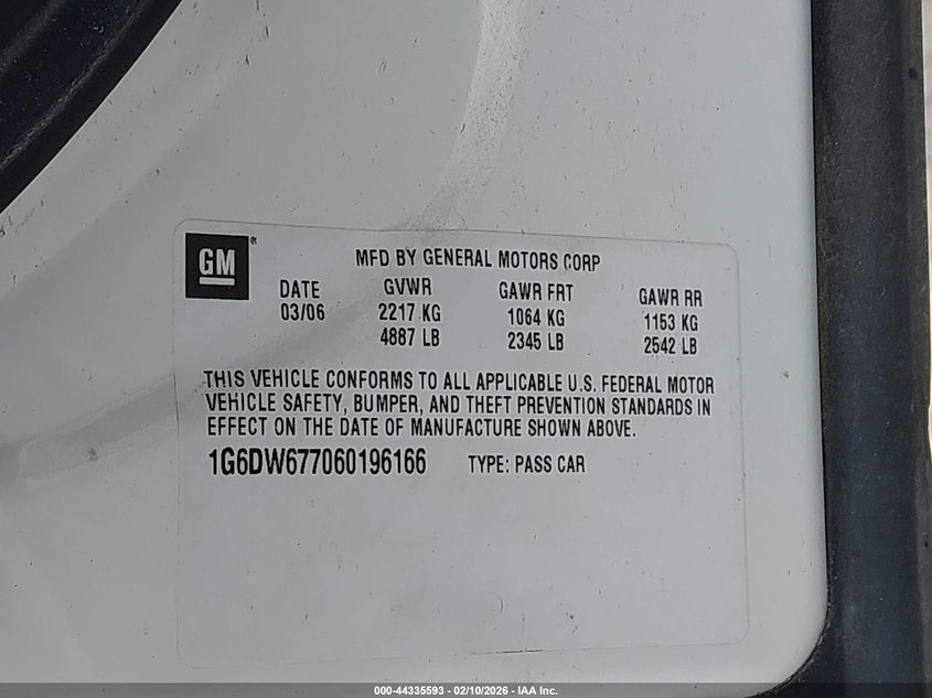 2006 Cadillac Sts V6 VIN: 1G6DW677060196166 Lot: 44335593