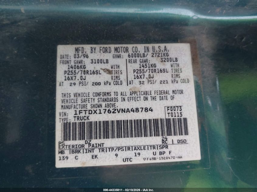 1997 Ford F-150 Lariat/Standard/Xl/Xlt VIN: 1FTDX1762VNA48784 Lot: 44335811