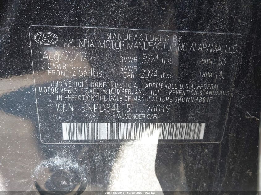 2020 Hyundai Elantra Sel VIN: 5NPD84LF5LH526049 Lot: 44335915