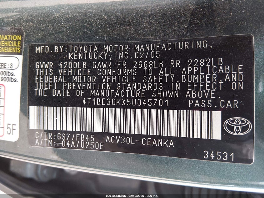 2005 Toyota Camry Le VIN: 4T1BE30KX5U045701 Lot: 44336366
