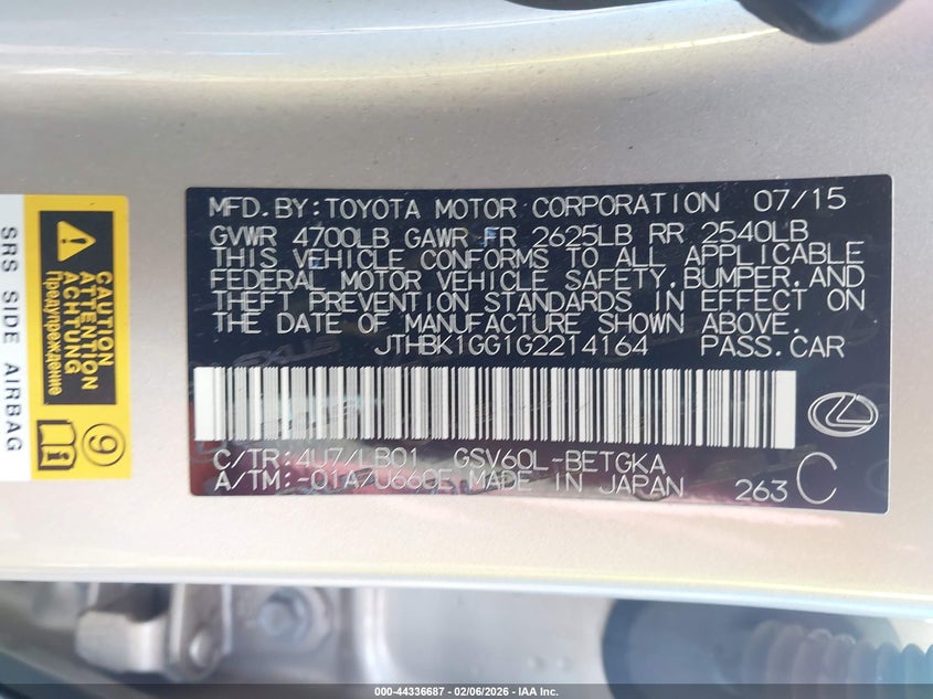 2016 Lexus Es 350 VIN: JTHBK1GG1G2214164 Lot: 44336687