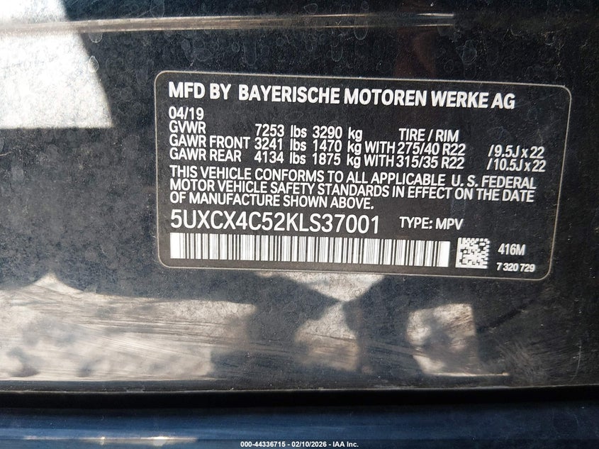 VIN 5UXCX4C52KLS37001 2019 BMW X7 XDRIVE50I