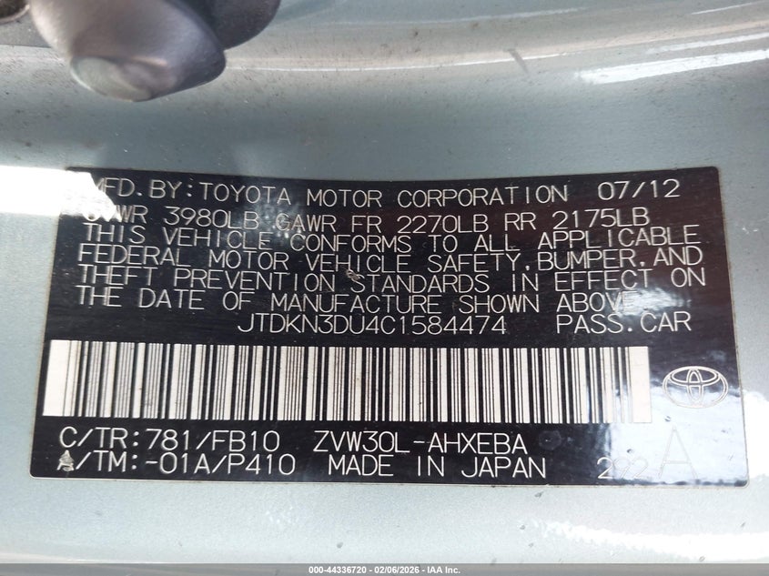 2012 Toyota Prius 1.8 Three turquoise Lot 111044336720 Vin JTDKN3DU4C1584474