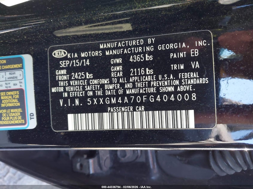 2015 KIA OPTIMA SEDAN 2.4L I-4 DI, DOHC, VVT, 192HP