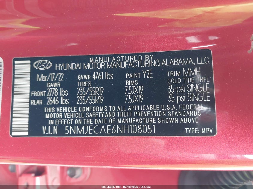 2022 Hyundai Tucson Limited VIN: 5NMJECAE6NH108051 Lot: 44337109