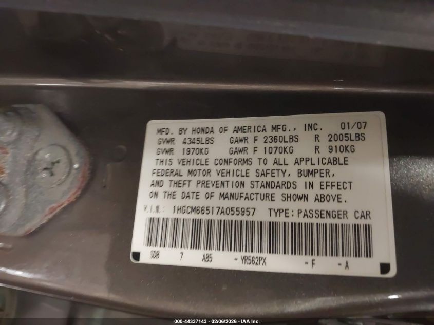 2007 Honda Accord 3.0 Ex VIN: 1HGCM66517A055957 Lot: 44337143