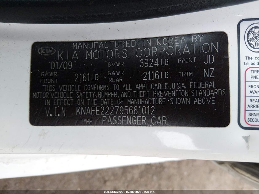 2009 Kia Spectra Ex VIN: KNAFE222795661012 Lot: 44337229