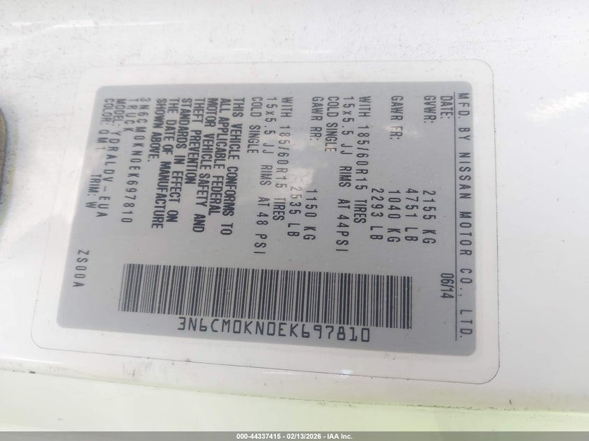 2014 Nissan Nv200 S VIN: 3N6CM0KN0EK697810 Lot: 44337415