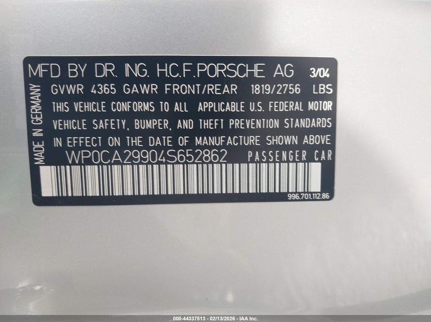 2004 Porsche 911 Carrera/Carrera 4/Carrera 4S VIN: WP0CA29904S652862 Lot: 44337513