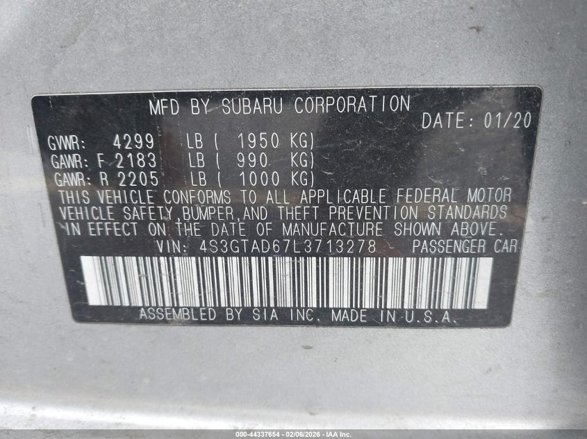 2020 Subaru Impreza Premium 5-Door VIN: 4S3GTAD67L3713278 Lot: 44337654