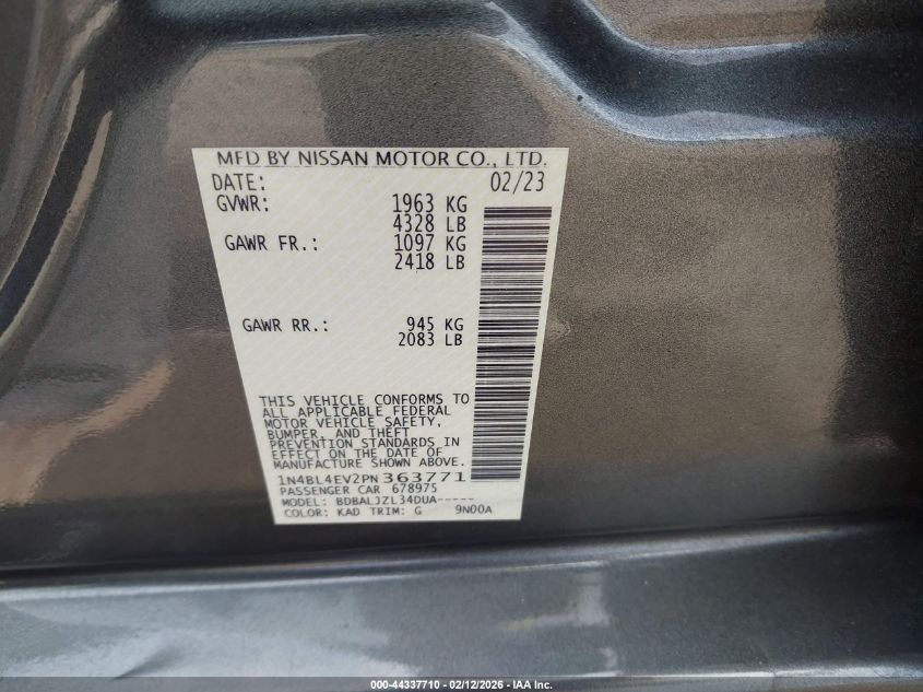 2023 Nissan Altima Sl Fwd VIN: 1N4BL4EV2PN363771 Lot: 44337710