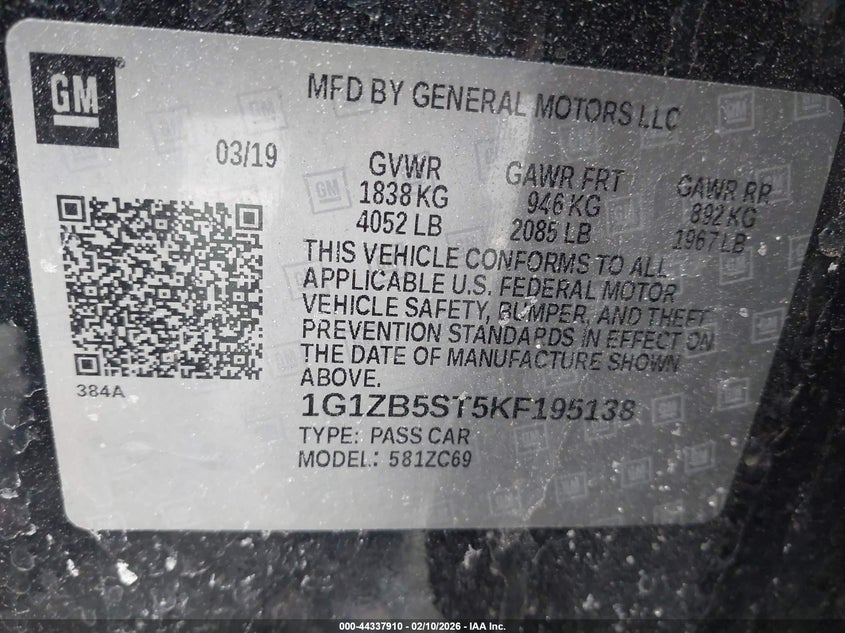 2019 Chevrolet Malibu 1Ls VIN: 1G1ZB5ST5KF195138 Lot: 44337910