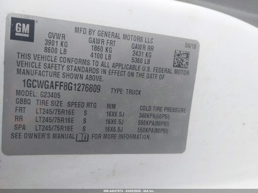 2016 Chevrolet Express 2500 Work Van VIN: 1GCWGAFF8G1276809 Lot: 44337974