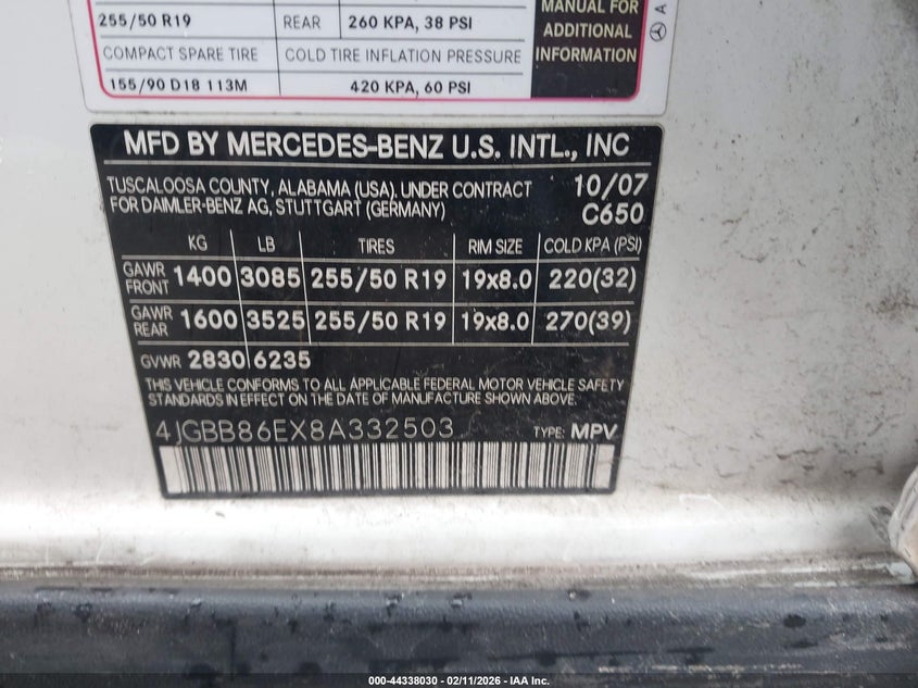 2008 Mercedes-Benz Ml 350 4Matic VIN: 4JGBB86EX8A332503 Lot: 44338030