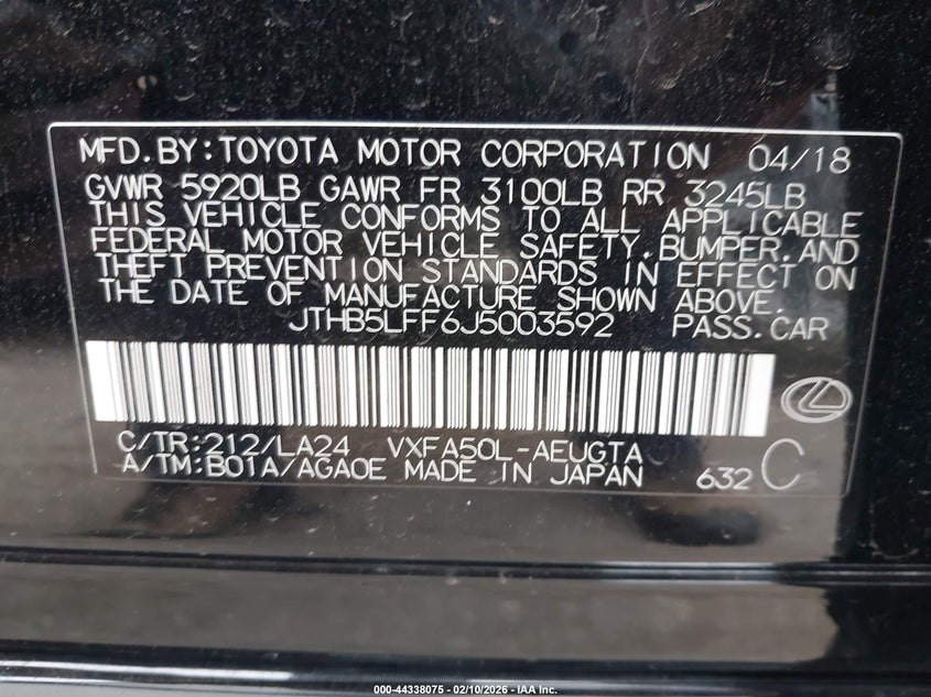 2018 Lexus Ls 500 VIN: JTHB5LFF6J5003592 Lot: 44338075