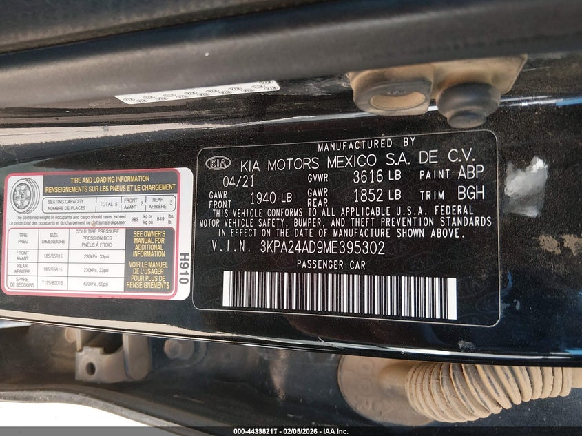 2021 KIA RIO 1.6L I-4 DOHC, VVT, (VIN: 3KPA24AD9ME395302