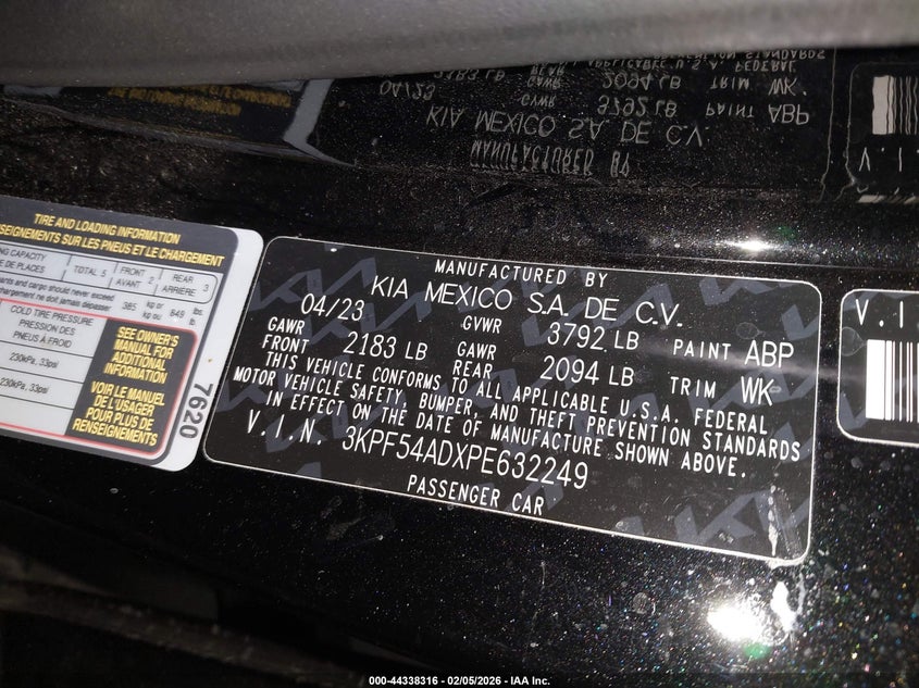 2023 KIA FORTE 2.0L I-4 DOHC, VVT, (VIN: 3KPF54ADXPE632249