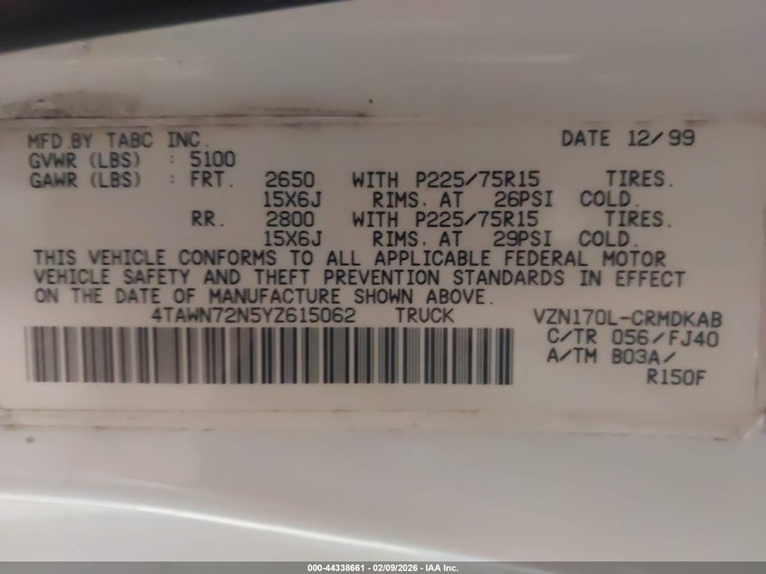 2000 Toyota Tacoma Base V6 VIN: 4TAWN72N5YZ615062 Lot: 44338661