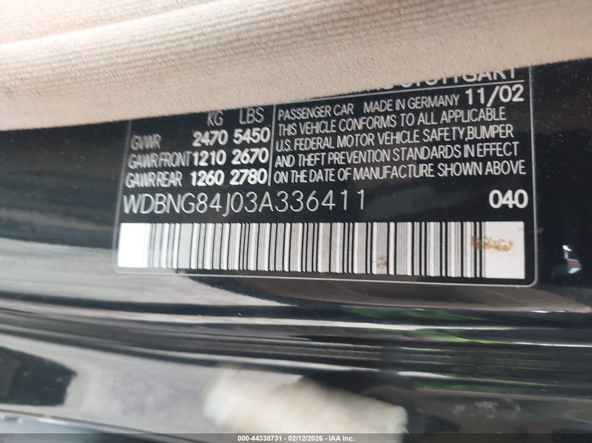 2003 Mercedes-Benz S 500 VIN: WDBNG84J03A336411 Lot: 44338731