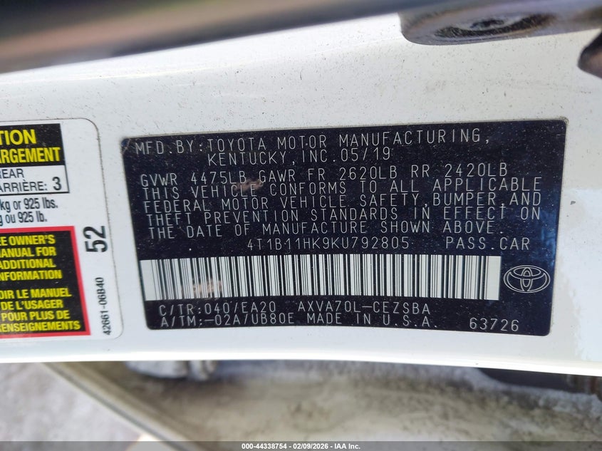 2019 Toyota Camry Se VIN: 4T1B11HK9KU792805 Lot: 44338754