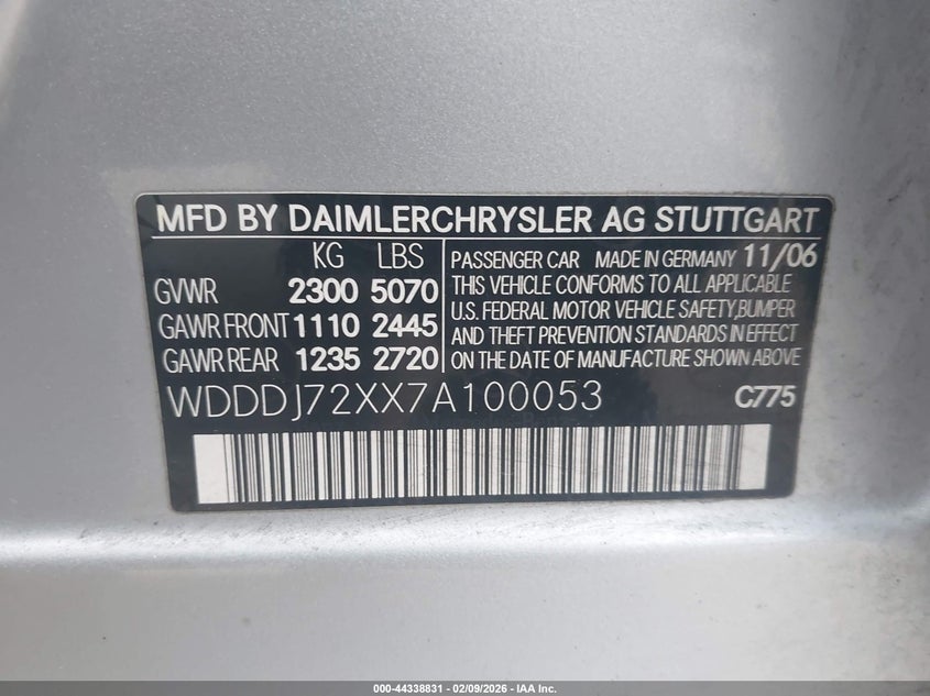 2007 Mercedes-Benz Cls 550 VIN: WDDDJ72XX7A100053 Lot: 44338831