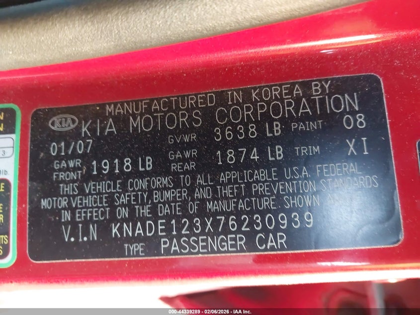 2007 Kia Rio Lx VIN: KNADE123X76230939 Lot: 44339289