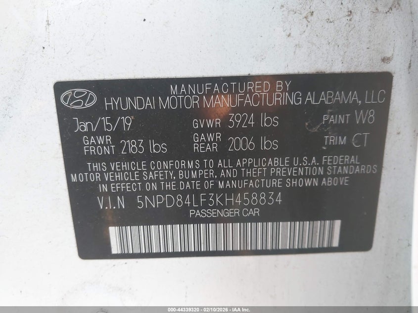 2019 Hyundai Elantra Value Edition VIN: 5NPD84LF3KH458834 Lot: 44339320