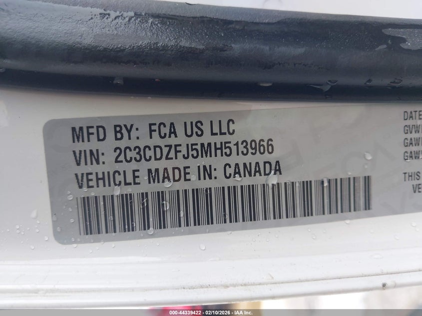 2021 Dodge Challenger R/T Scat Pack VIN: 2C3CDZFJ5MH513966 Lot: 44339422