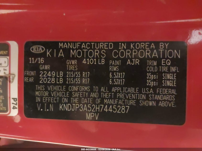 2017 Kia Soul + VIN: KNDJP3A52H7445287 Lot: 44339508