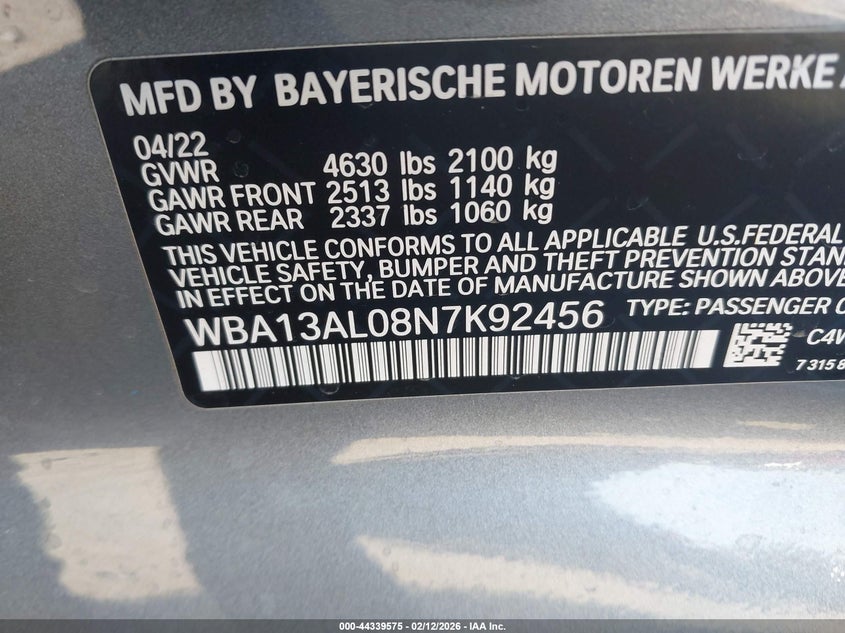 2022 BMW M235 Gran Coupe I xDrive VIN: WBA13AL08N7K92456 Lot: 44339575