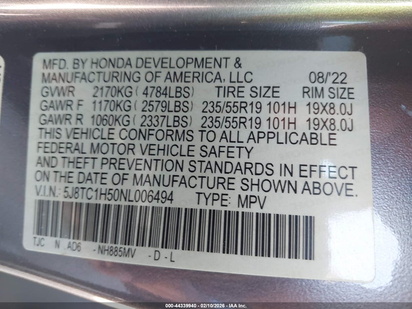 2022 Acura Rdx Technology Package VIN: 5J8TC1H50NL006494 Lot: 44339940