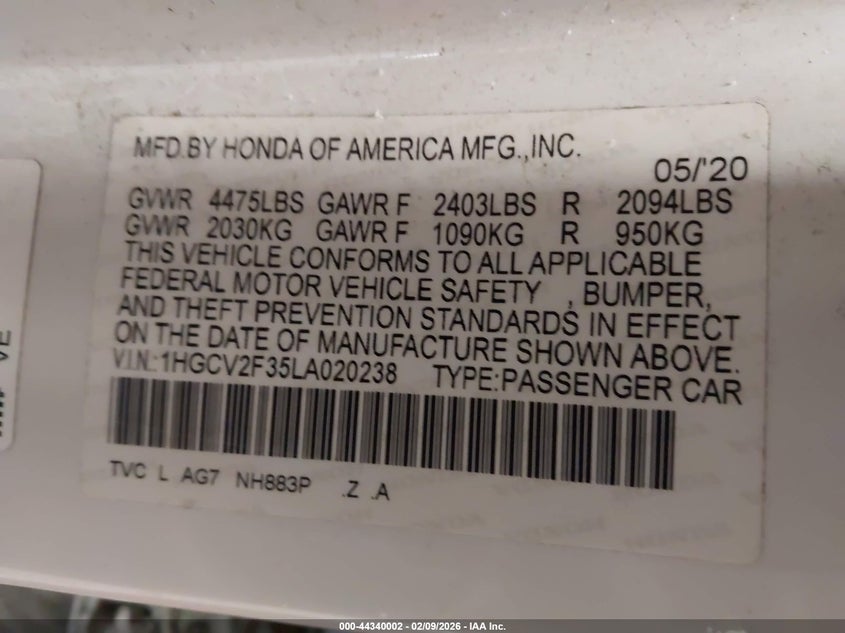 VIN 1HGCV2F35LA020238 2020 HONDA ACCORD SPORT 2.0T