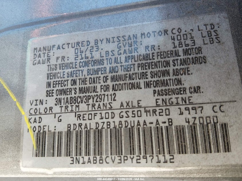 2023 Nissan Sentra Sv Xtronic Cvt VIN: 3N1AB8CV3PY297112 Lot: 44340017