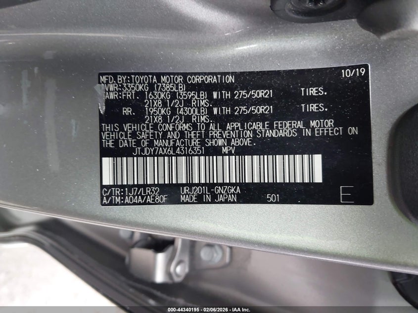 2020 Lexus Lx 570 Three-Row VIN: JTJDY7AX6L4316351 Lot: 44340195