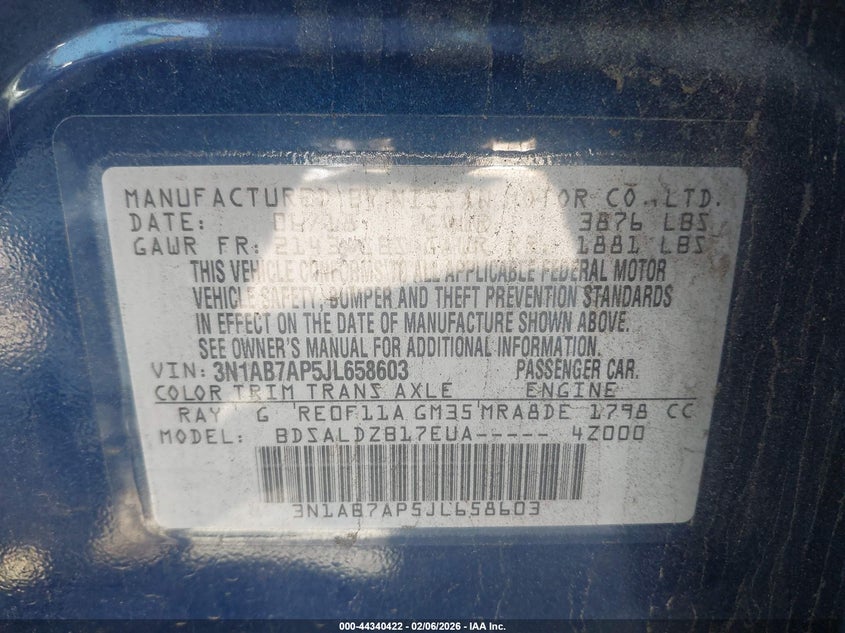 VIN 3N1AB7AP5JL658603 2018 NISSAN SENTRA SV