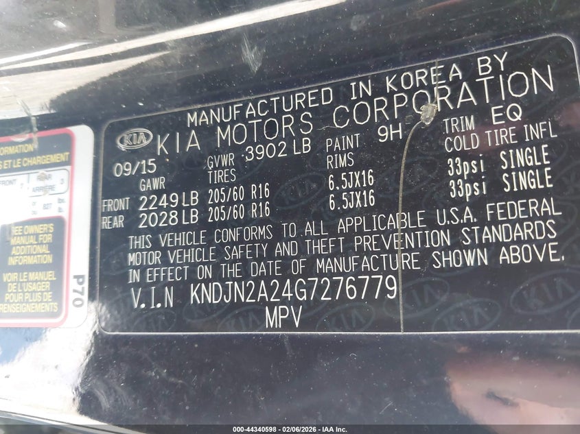 2016 Kia Soul VIN: KNDJN2A24G7276779 Lot: 44340598