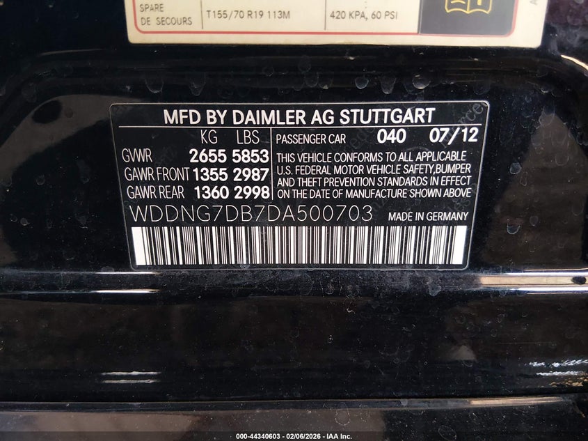 2013 Mercedes-Benz S 550 VIN: WDDNG7DB7DA500703 Lot: 44340603