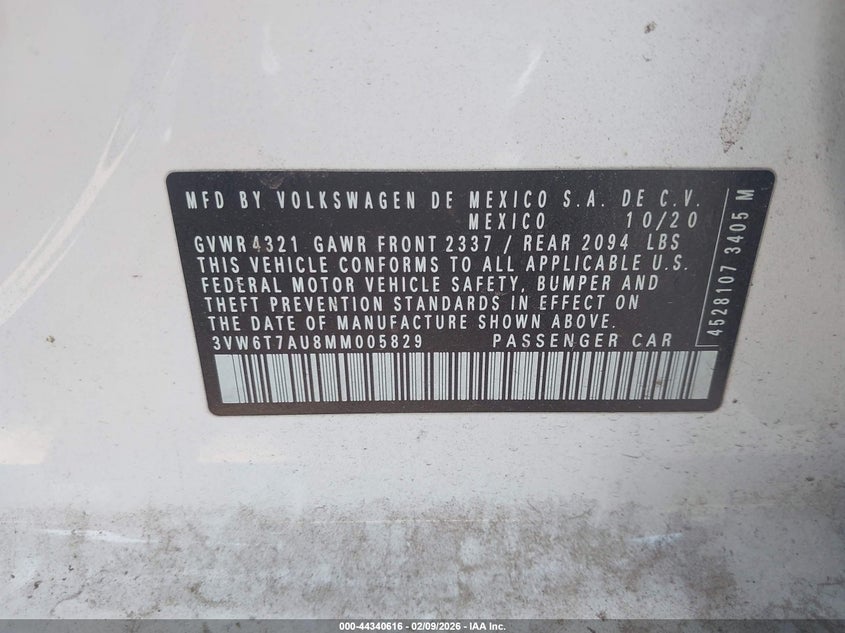 2021 Volkswagen Golf Gti VIN: 3VW6T7AU8MM005829 Lot: 44340616