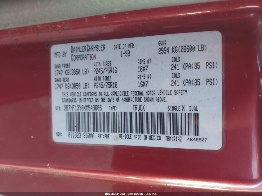 1999 Dodge Ram 1500 St VIN: 3B7HF13Y0XM543686 Lot: 44341083