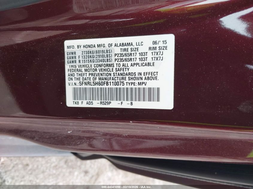 2015 Honda Odyssey Ex-L VIN: 5FNRL5H60FB110075 Lot: 44341098