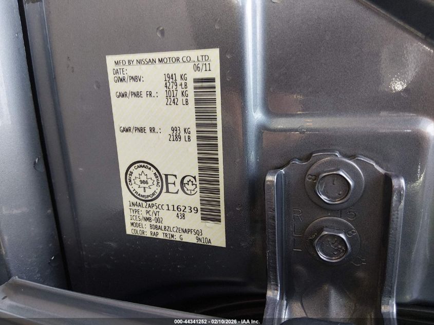 2012 Nissan Altima 2.5/2.5 S VIN: 1N4AL2AP5CC116239 Lot: 44341252