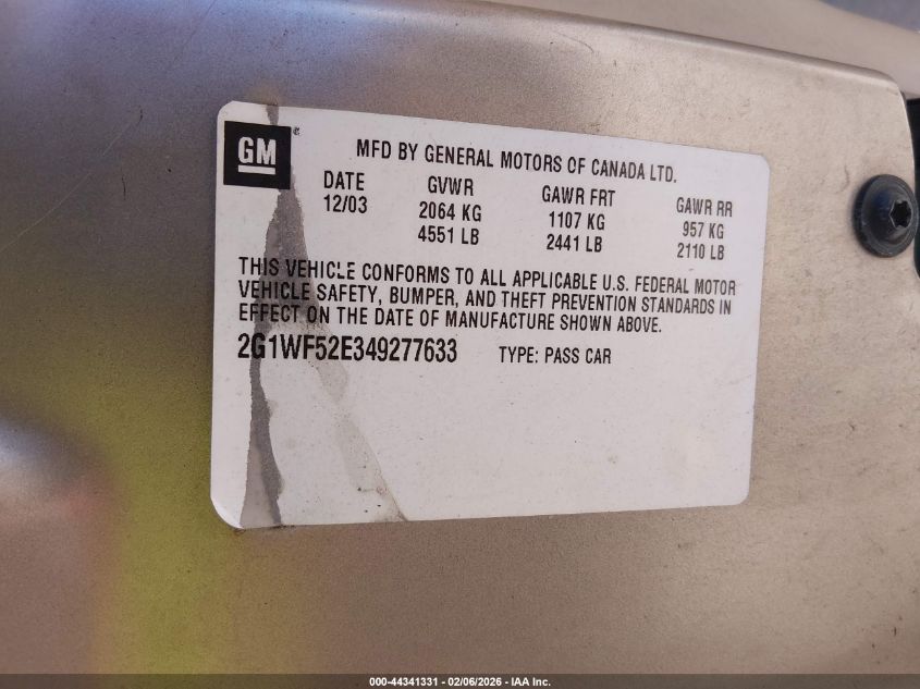 2004 Chevrolet Impala VIN: 2G1WF52E349277633 Lot: 44341331