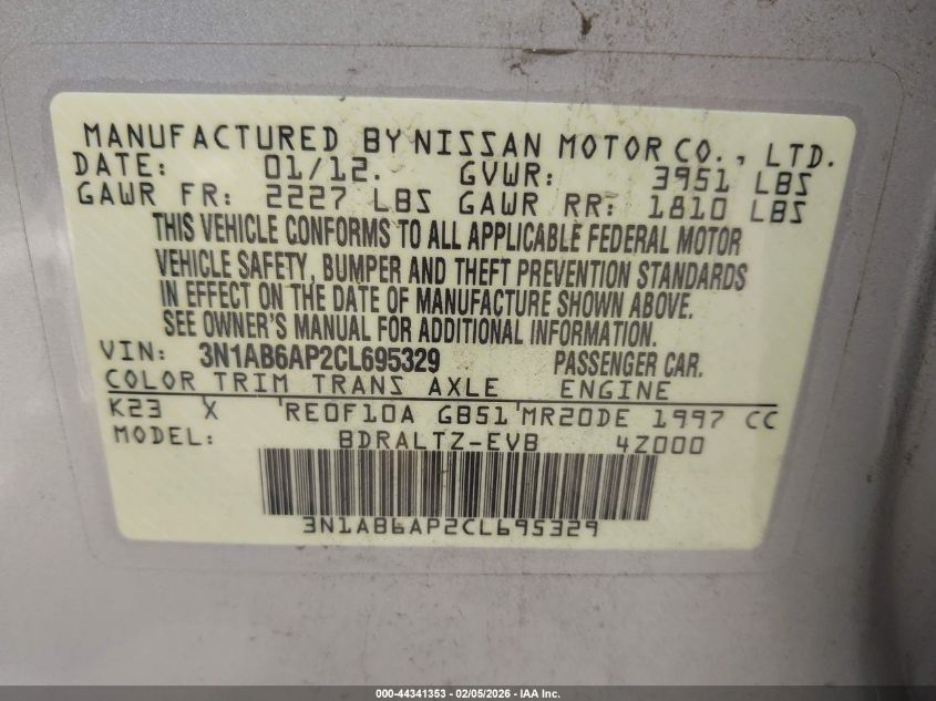 2012 Nissan Sentra 2.0 Sr VIN: 3N1AB6AP2CL695329 Lot: 44341353