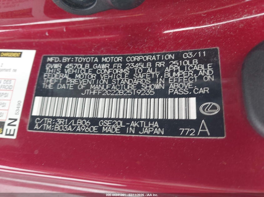 2011 Lexus Is 250C VIN: JTHFF2C22B2519235 Lot: 44341361