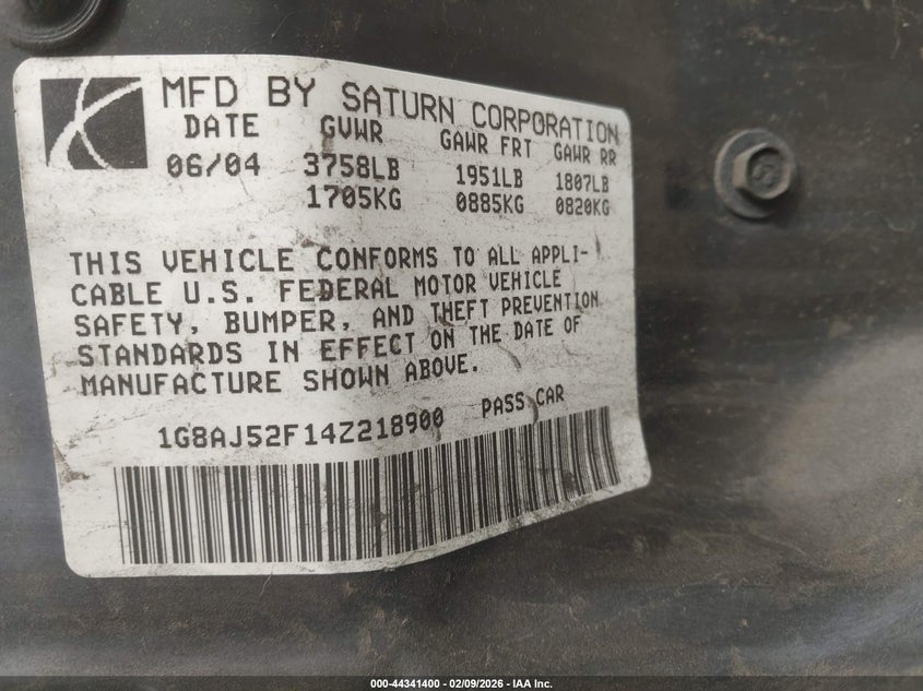 2004 Saturn Ion 2 VIN: 1G8AJ52F14Z218900 Lot: 44341400
