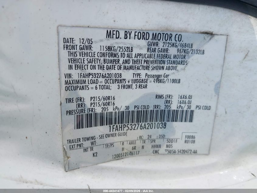 2006 Ford Taurus Se VIN: 1FAHP53276A201038 Lot: 44341477