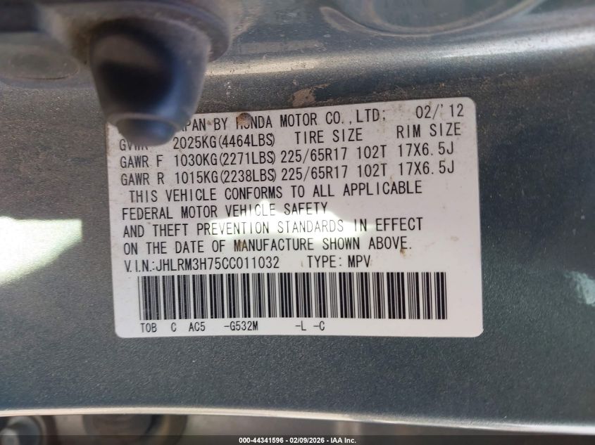 2012 Honda Cr-V Ex-L VIN: JHLRM3H75CC011032 Lot: 44341596