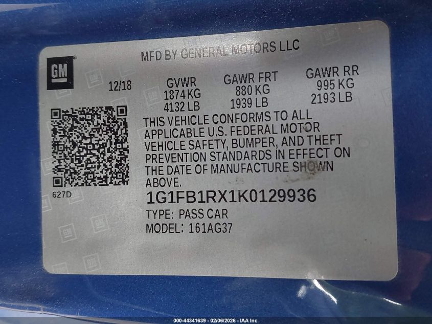 2019 Chevrolet Camaro 1Lt VIN: 1G1FB1RX1K0129936 Lot: 44341639